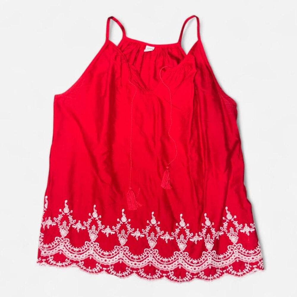 Old Navy Red Tank Top with White Embroidered Scallop Hem, SIZE LARGE